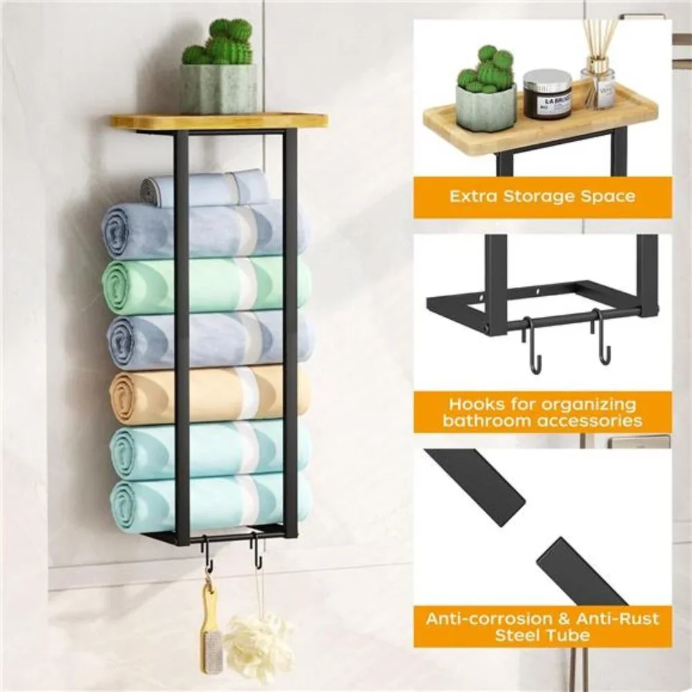 Towel Rack Wall Mounted Towel Storage, Metal Towel Holder w/ Bamboo Shelf, Black